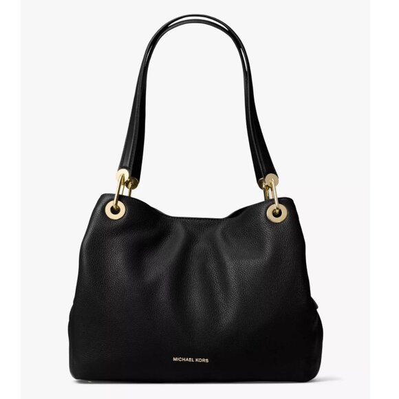 MICHAEL Michael Kors Raven Large Leather Shoulder Bag, Black/Gold - Picture 1 of 10